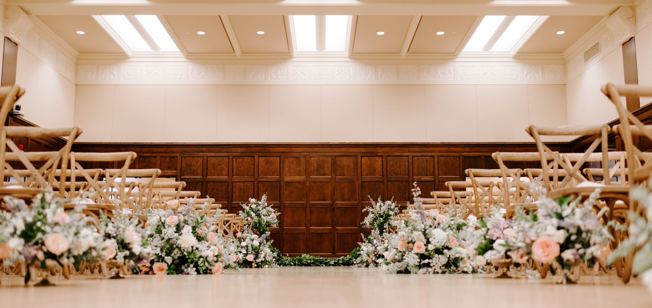 A photo of the South Ballroom decorated for a wedding.
