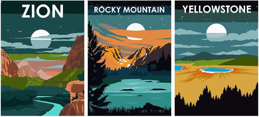 Three national parks paint by number paintings labeled Zion, Rocky Mountain, Yellowstone (from left to right)