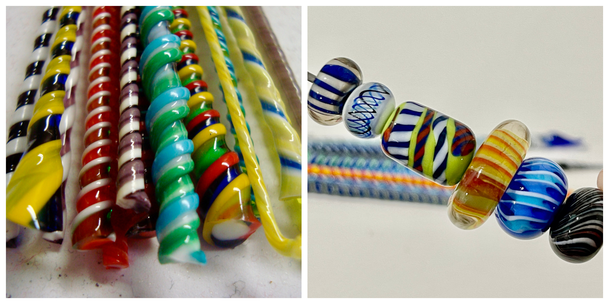 Two side by side images. On left: twisted rods of glass in various color combinations. On right: strand of 6 multicolored glass beads with various swirl patterns