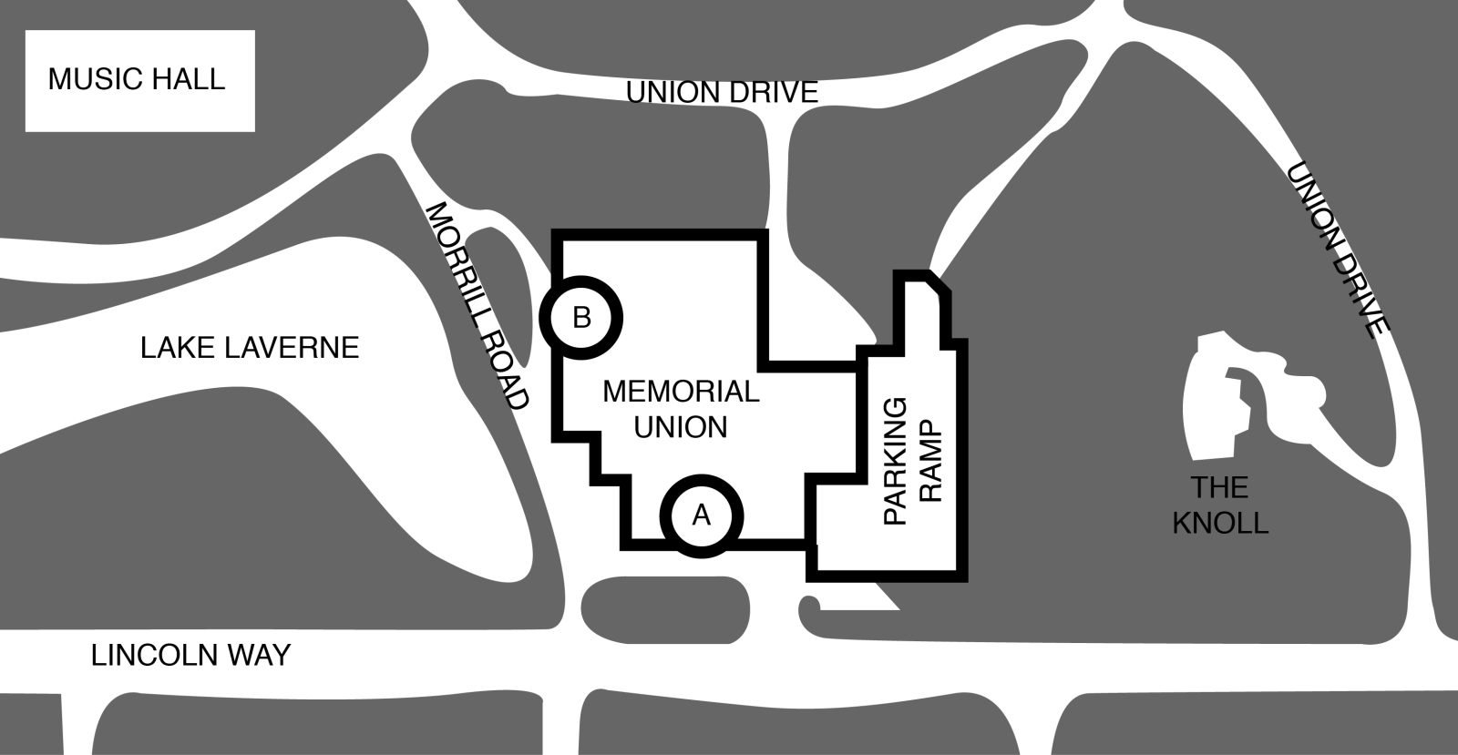 A map of the bus unloading and loading locations outside of the Memorial Union.