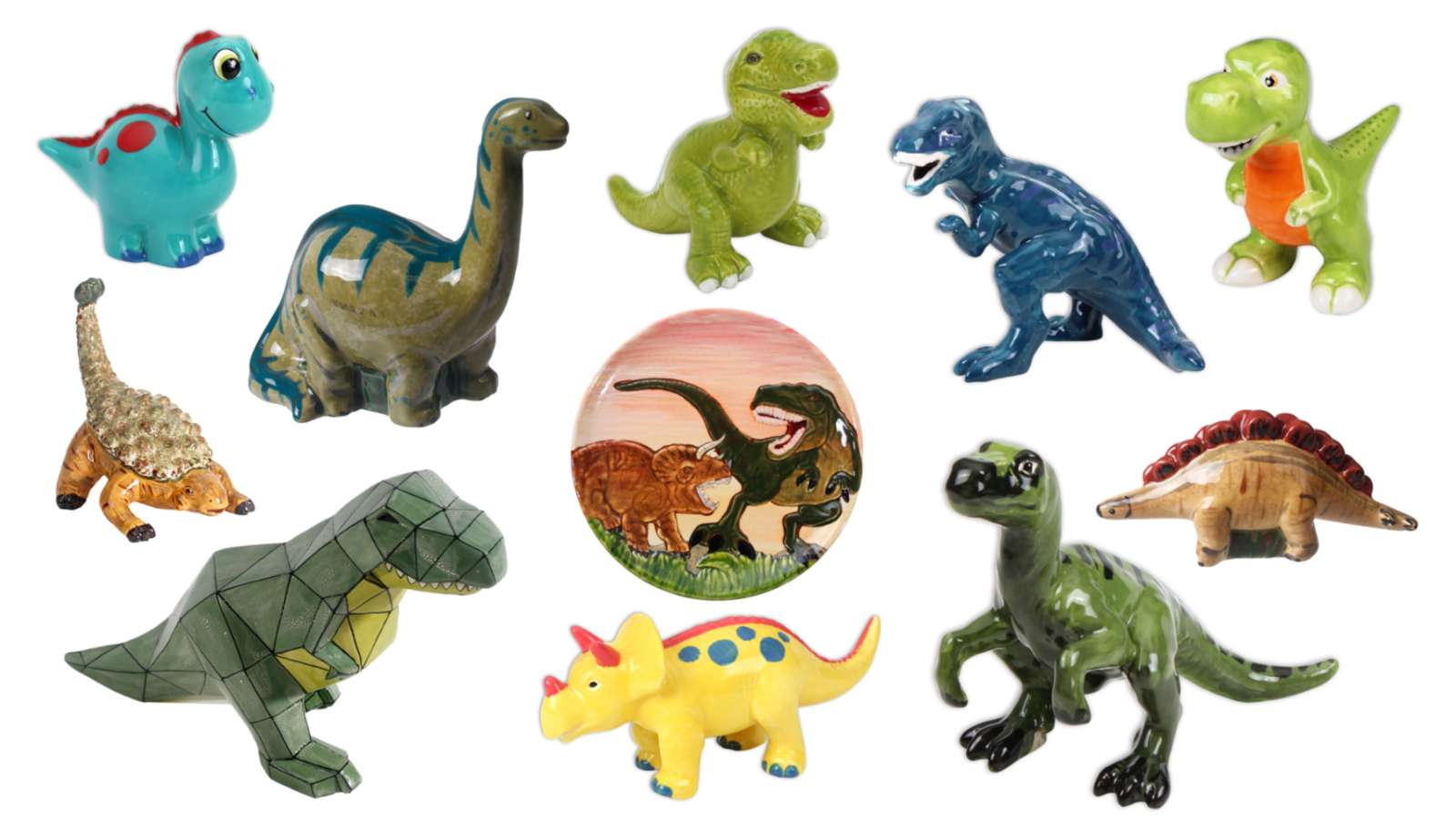 collage of painted dinosaur figurines