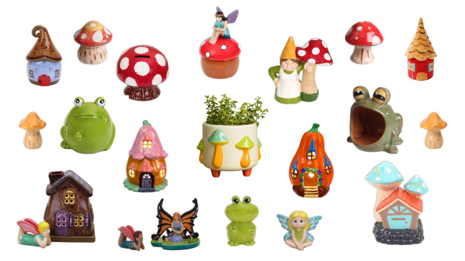 collage of ceramic fairies, fairy houses, frogs, and mushrooms