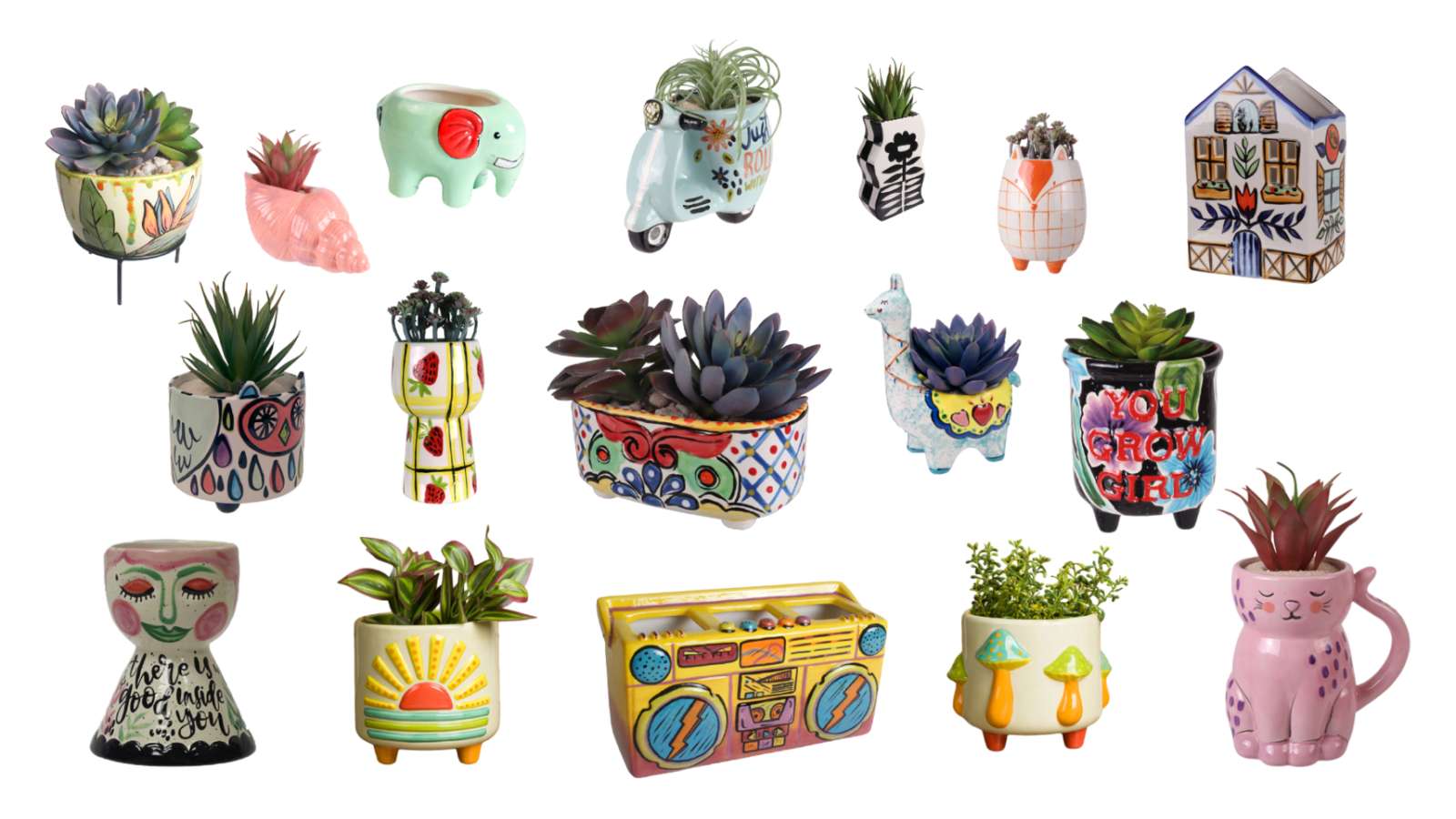 collage of ceramic planters of different shapes, sizes, and colors