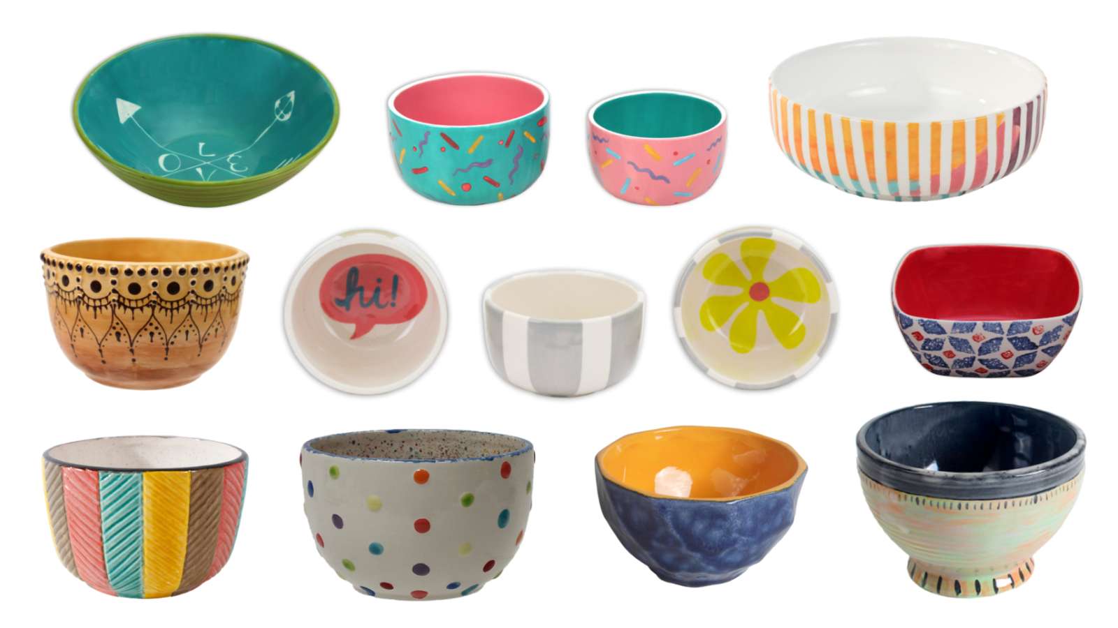 collage of colorful painted ceramic bowls