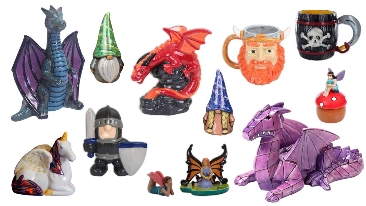 collage of bisque pieces including dragons, gnomes, a unicorn, and more dungeons and dragons themed things