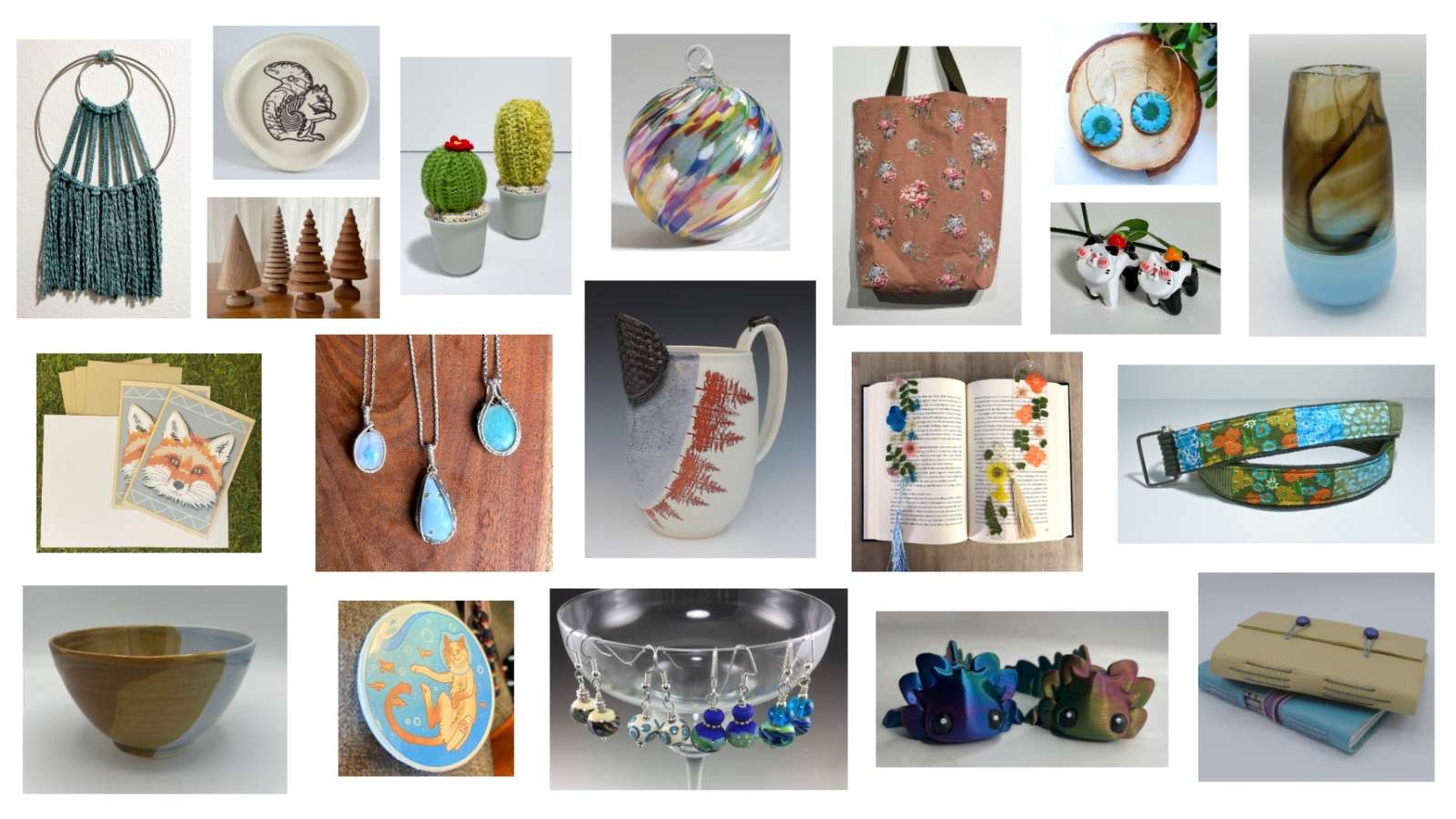 collage of items sold by art mart artists incuding macrame, jewelry, bags, and more