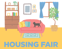 Housing fair graphic with a graphic picture of a couch with a cat, and bookcase and a window with plant.