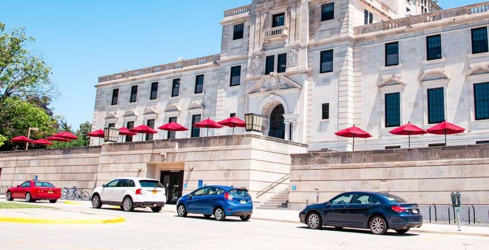 The metered parking spots at the Memorial Union's west entrance.